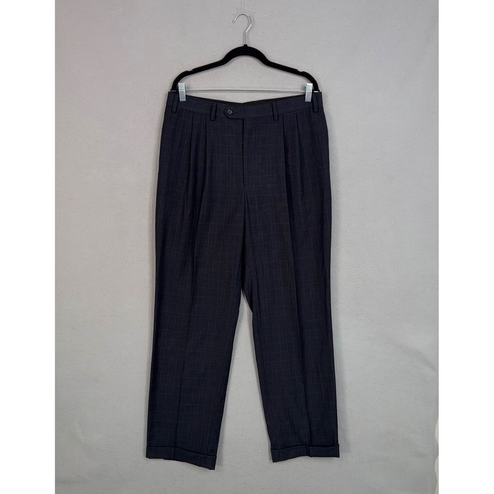 Ralph Lauren Trousers Mens 36x31 Navy Windowpane Pleated Cuffed Preppy Classic